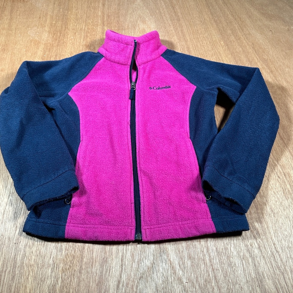 Columbia Fleece Jacket Kids Size S 7/8 Pink Navy Blue Full Zip Outdoor Layer